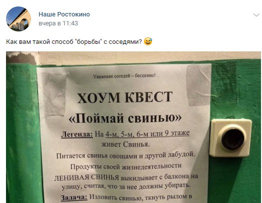 В одном из домов Ростокина соседи устроили квест по поимке «свиньи»